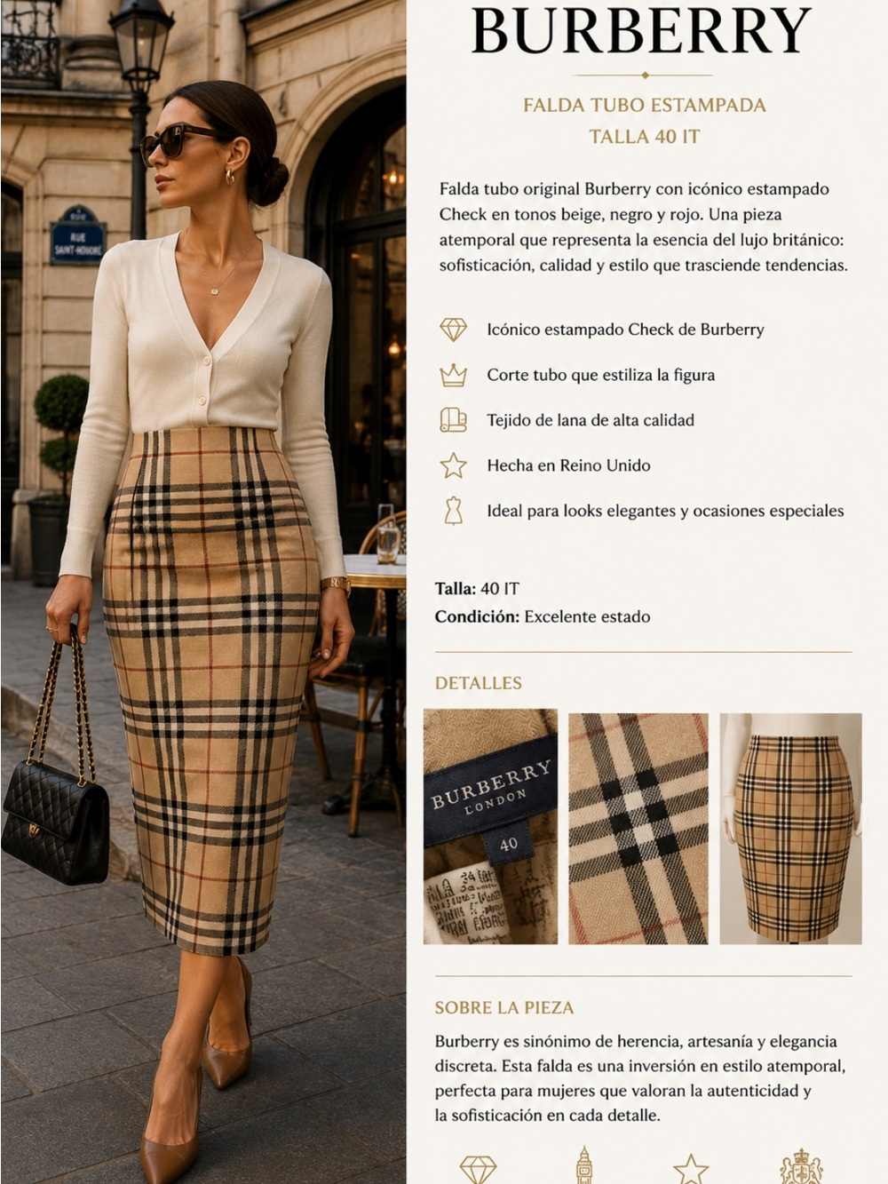 Burberry Beige, Black & Red Check Pencil Skirt